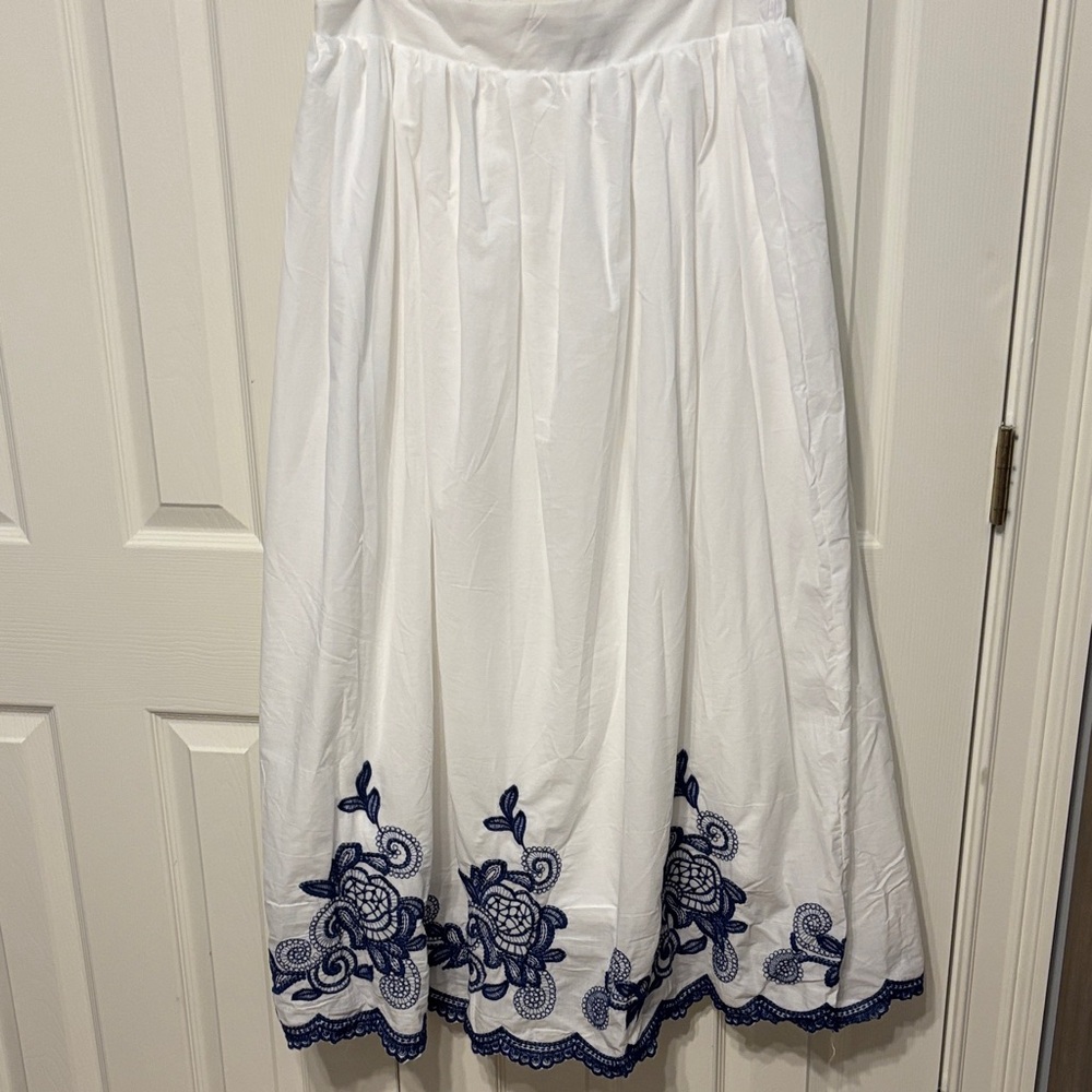 White Maxi Skirt with Navy Embroidery